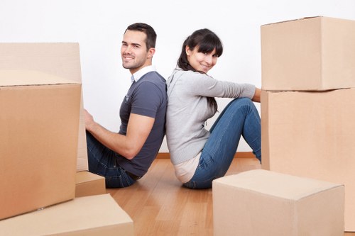 Packed office items ready for transport during a Hounslow business move