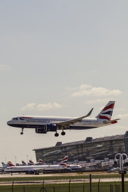 An aerial view of an airport tarmac showing numerous parked aircraft connected to jet bridges. The aircraft are mainly white with some featuring red markings on their tails. Surrounding the planes are ground support vehicles, cargo containers, and airport equipment. Beyond the runway, there are large open areas with some structures and a distant view of the cityscape under a cloudy sky. The image captures the busy scene typical of aircraft handling and terminal operations, relevant to home relocation and packing processes supported by Hounslow Man and Van, which offers removals services in the Heathrow area.